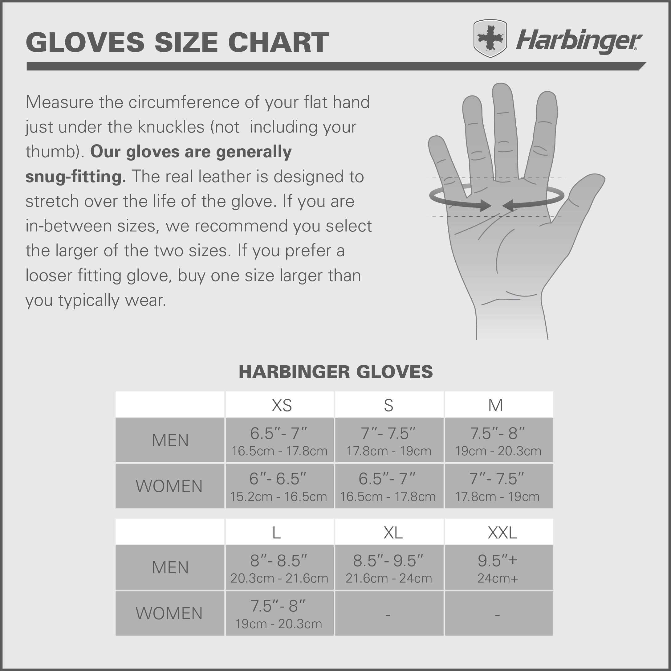 Harbinger Gloves Size Chart